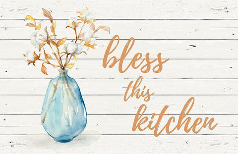 Bless this Kitchen (Blue Vase) White Modern Wood Framed Art Print with Double Matting by Loreth, Lanie