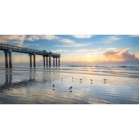 Sunset Pier Black Modern Wood Framed Art Print with Double Matting by Amos, Andy