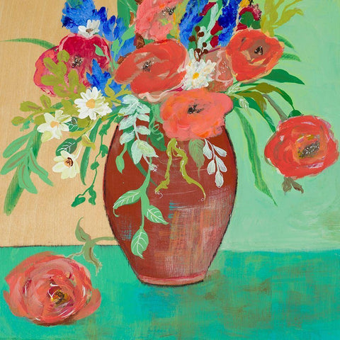 Vase of Peach and Blue Roses Black Modern Wood Framed Art Print with Double Matting by Maria, Robin