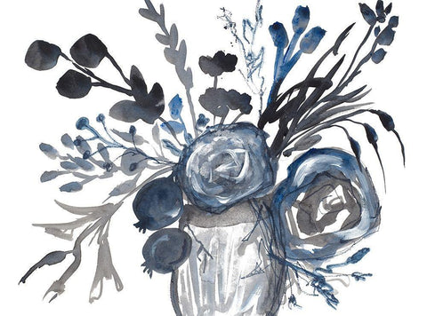 Blue Roses in Grey Vase Black Ornate Wood Framed Art Print with Double Matting by Maria, Robin