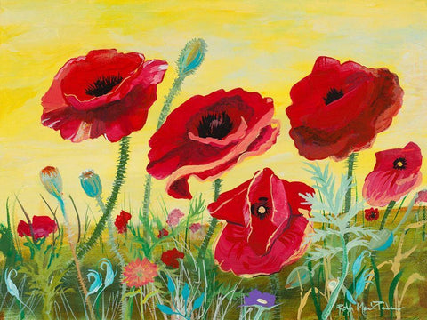 Victory Red Poppies II Black Ornate Wood Framed Art Print with Double Matting by Maria, Robin