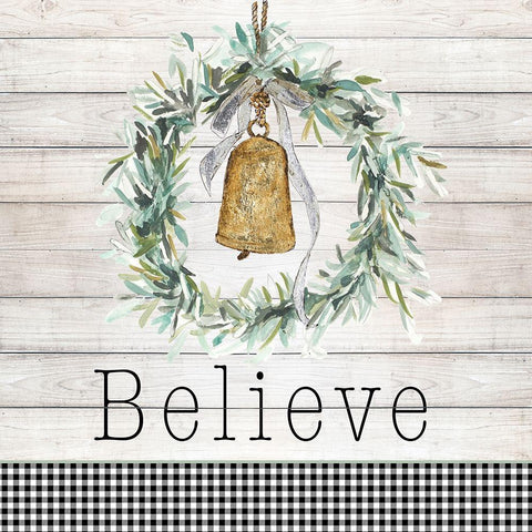Believe Bell Wreath White Modern Wood Framed Art Print with Double Matting by Pinto, Patricia