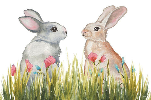 Bunnies Among the Flowers II White Modern Wood Framed Art Print with Double Matting by Medley, Elizabeth