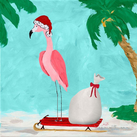 Fa La La La Flamingo Holiday II White Modern Wood Framed Art Print with Double Matting by DeRice, Julie