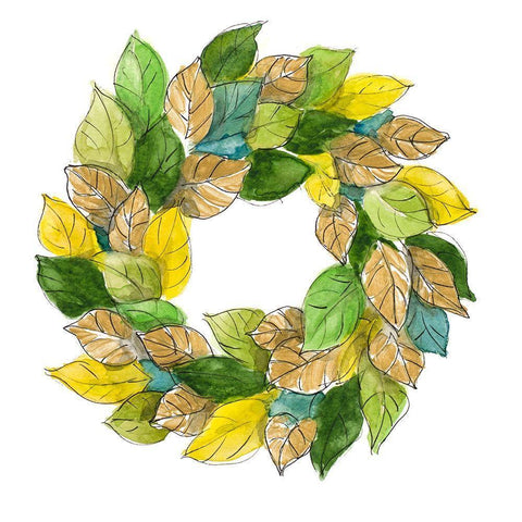 Green Metallic Leaf Wreath White Modern Wood Framed Art Print by Loreth, Lanie