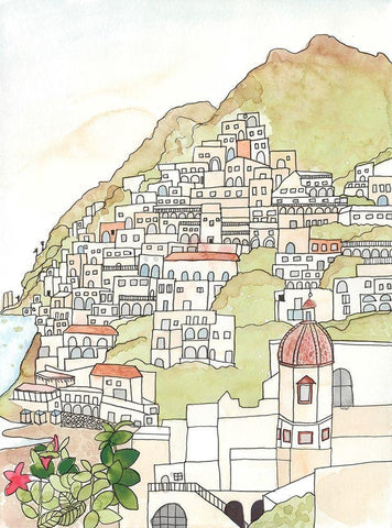 Sketched Mediterranean Cityscape White Modern Wood Framed Art Print with Double Matting by Bucheli, Jen