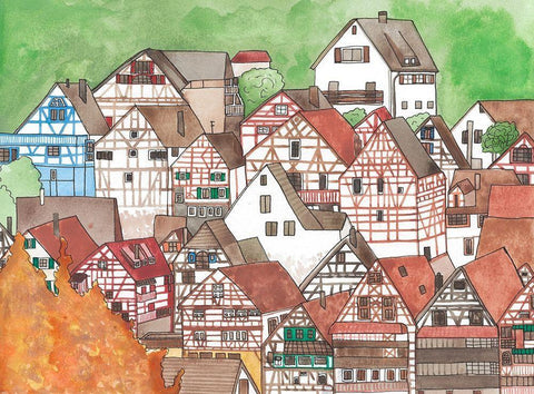 Small Town Black Ornate Wood Framed Art Print with Double Matting by Bucheli, Jen