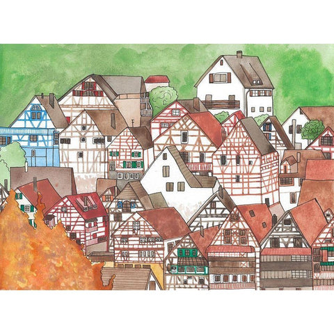 Small Town Gold Ornate Wood Framed Art Print with Double Matting by Bucheli, Jen