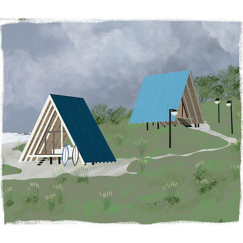 Lake Cabins At Dusk White Modern Wood Framed Art Print by Bucheli, Jen