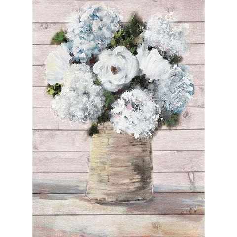 White and Blue Rustic Blooms Black Modern Wood Framed Art Print by DeRice, Julie
