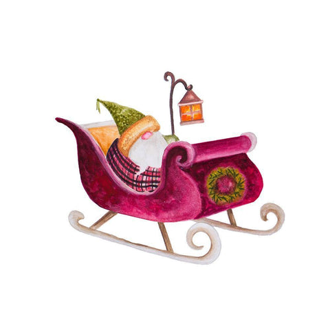 Gnome on a Sleigh Black Ornate Wood Framed Art Print with Double Matting by Gaynor, Janice