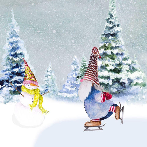 Gnomes Ice Skating I White Modern Wood Framed Art Print with Double Matting by Gaynor, Janice