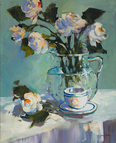 Flowers and Tea White Modern Wood Framed Art Print with Double Matting by Slivka, Jane
