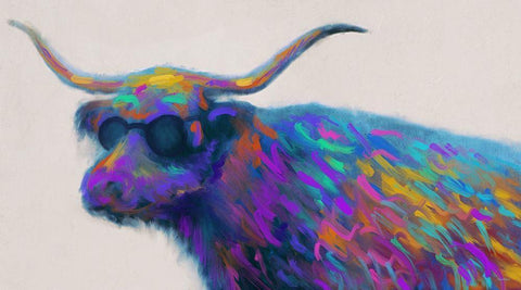 Multicolor Bull White Modern Wood Framed Art Print with Double Matting by Meneely, Dan