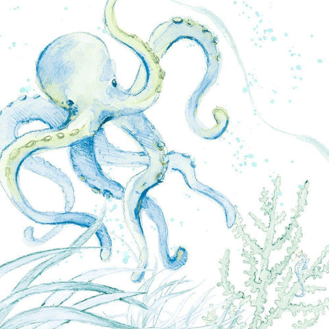 Blue Octopus White Modern Wood Framed Art Print by Loreth, Lanie