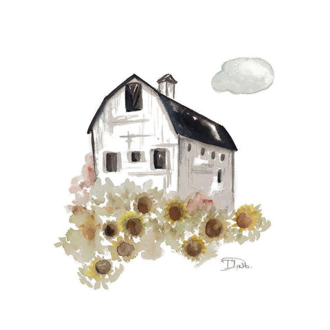 Barn and Sunflowers White Modern Wood Framed Art Print by Pinto, Patricia