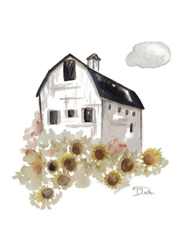 Barn and Sunflowers White Modern Wood Framed Art Print with Double Matting by Pinto, Patricia