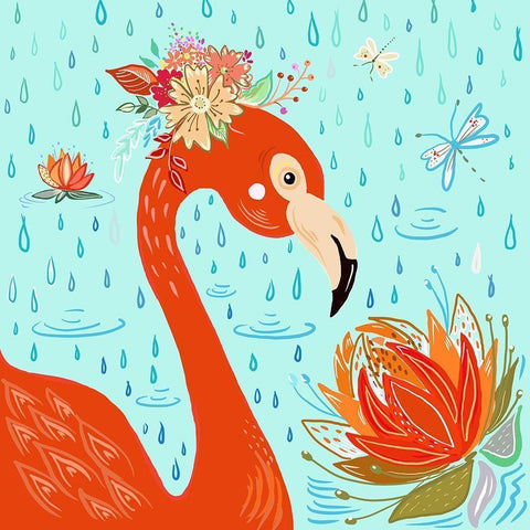 Flamingo in the Rain Black Modern Wood Framed Art Print by Del Sol, Ani