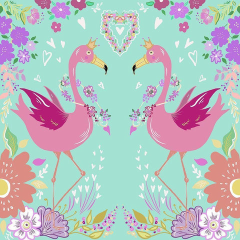 Flamingos in Love Aqua White Modern Wood Framed Art Print by Del Sol, Ani