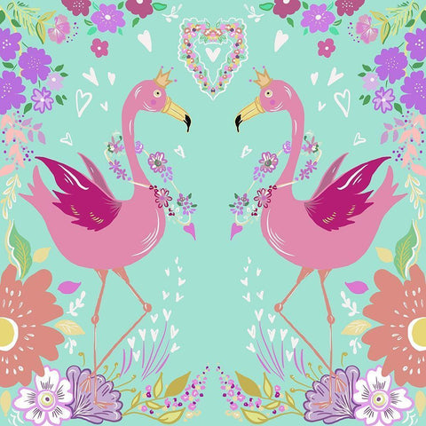 Flamingos in Love Aqua Black Ornate Wood Framed Art Print with Double Matting by Del Sol, Ani