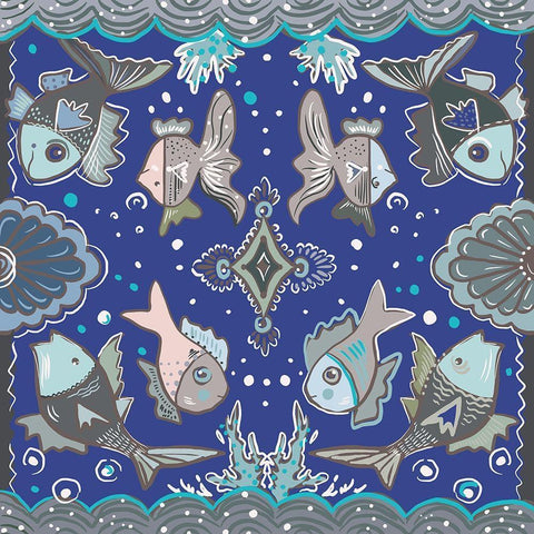 Fishes in Blue Sea Black Ornate Wood Framed Art Print with Double Matting by Del Sol, Ani