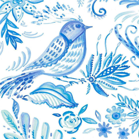 Birds in Blue I White Modern Wood Framed Art Print with Double Matting by Del Sol, Ani