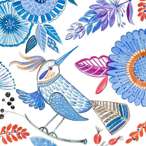 Bird with Flowers I White Modern Wood Framed Art Print by Del Sol, Ani