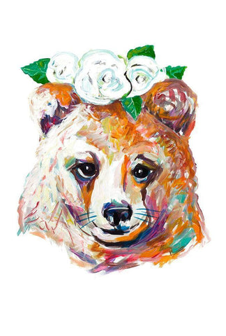 Bear with Flower Crown White Modern Wood Framed Art Print with Double Matting by Beauchamp, Andy