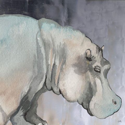 Thoughtful Hippo White Modern Wood Framed Art Print with Double Matting by Medley, Elizabeth