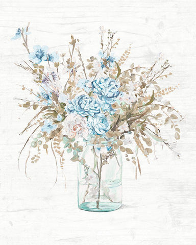 Blue Flowers In Glass Vase Black Ornate Wood Framed Art Print with Double Matting by Pinto, Patricia