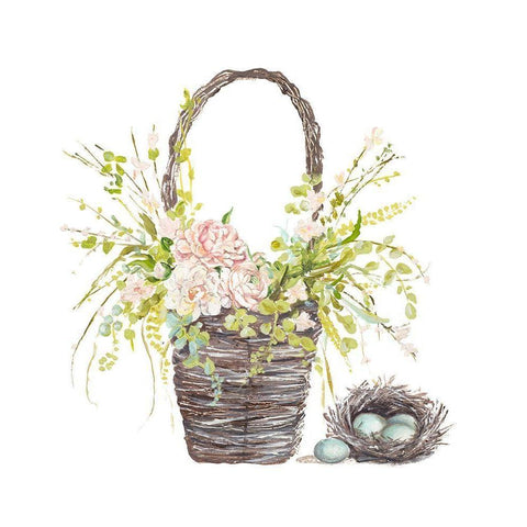 Spring Flower Basket Black Modern Wood Framed Art Print with Double Matting by Pinto, Patricia