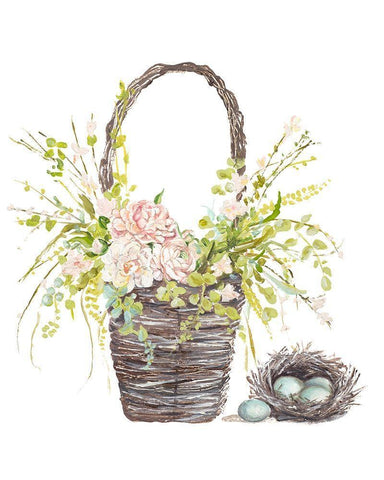 Spring Flower Basket White Modern Wood Framed Art Print with Double Matting by Pinto, Patricia