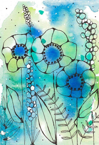 Blue Watercolor Wildflowers I Black Ornate Wood Framed Art Print with Double Matting by Krinlox