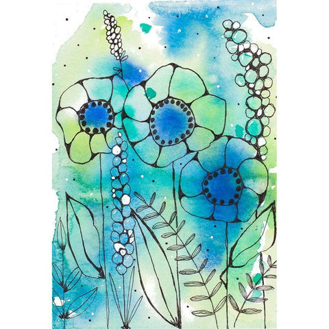 Blue Watercolor Wildflowers I Black Modern Wood Framed Art Print by Krinlox