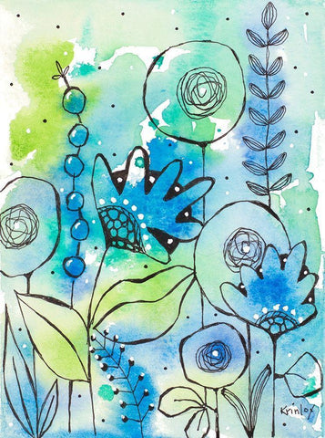 Blue Watercolor Wildflowers II Black Ornate Wood Framed Art Print with Double Matting by Krinlox