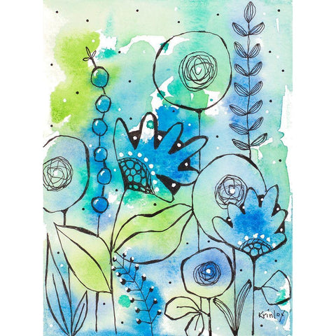 Blue Watercolor Wildflowers II Black Modern Wood Framed Art Print with Double Matting by Krinlox