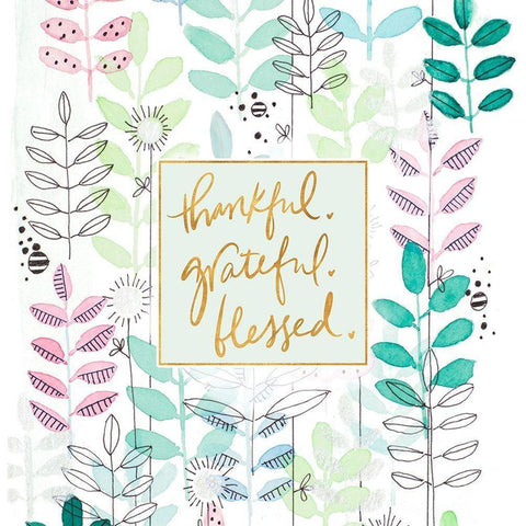 Thankful Grateful Blessed Botanicals Gold Ornate Wood Framed Art Print with Double Matting by Krinlox