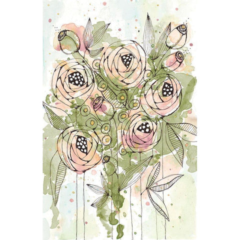 Blush and Green Floral Gold Ornate Wood Framed Art Print with Double Matting by Krinlox