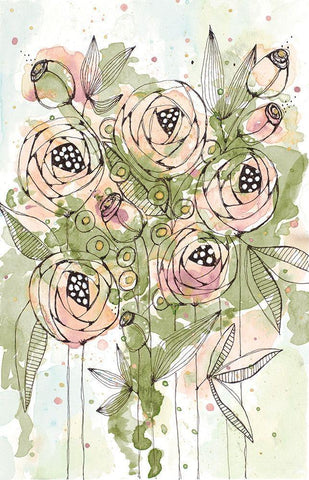 Blush and Green Floral White Modern Wood Framed Art Print with Double Matting by Krinlox