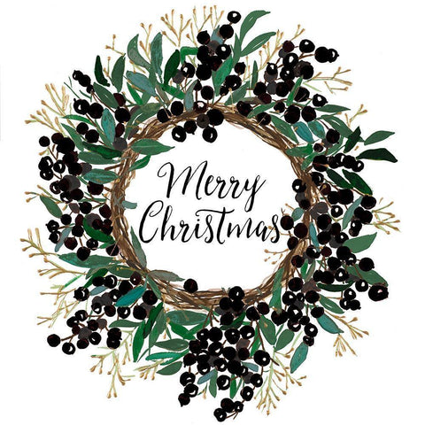 Christmas Wreath With Dark Berries White Modern Wood Framed Art Print with Double Matting by Pinto, Patricia