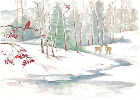 Winter Landscape With Deer White Modern Wood Framed Art Print with Double Matting by Pinto, Patricia