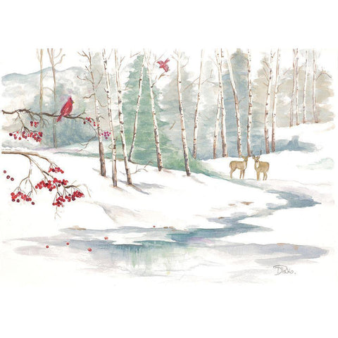 Winter Landscape With Deer Gold Ornate Wood Framed Art Print with Double Matting by Pinto, Patricia