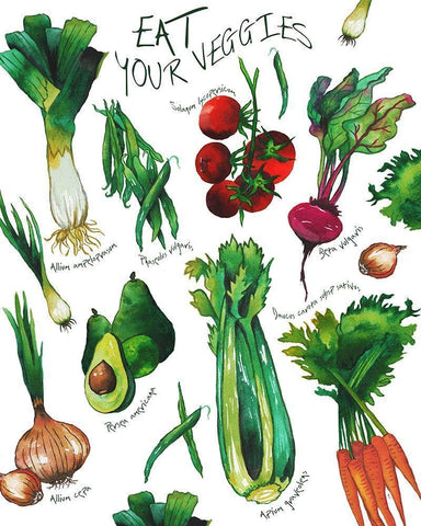 Eat Your Veggies White Modern Wood Framed Art Print with Double Matting by Medley, Elizabeth