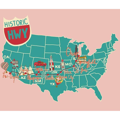 Roadtrip Map Gold Ornate Wood Framed Art Print with Double Matting by Bucheli, Jen