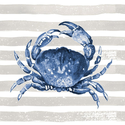 Blue Crab On Wide Stripes Black Ornate Wood Framed Art Print with Double Matting by Pinto, Patricia