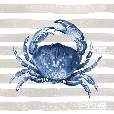Blue Crab On Wide Stripes Black Modern Wood Framed Art Print by Pinto, Patricia