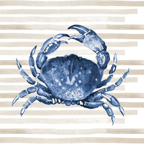 Blue Crab On Stripes Black Modern Wood Framed Art Print by Pinto, Patricia