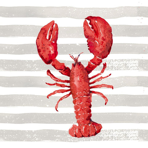 Red Lobster On Wide Stripes Black Ornate Wood Framed Art Print with Double Matting by Pinto, Patricia