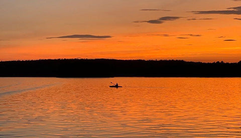Sunset Canoeing White Modern Wood Framed Art Print with Double Matting by DeRice, Julie
