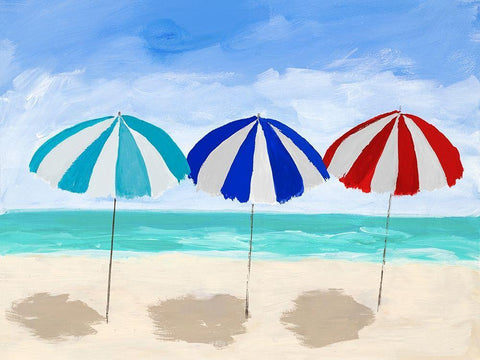 Beach Umbrella Trio Black Ornate Wood Framed Art Print with Double Matting by DeRice, Julie